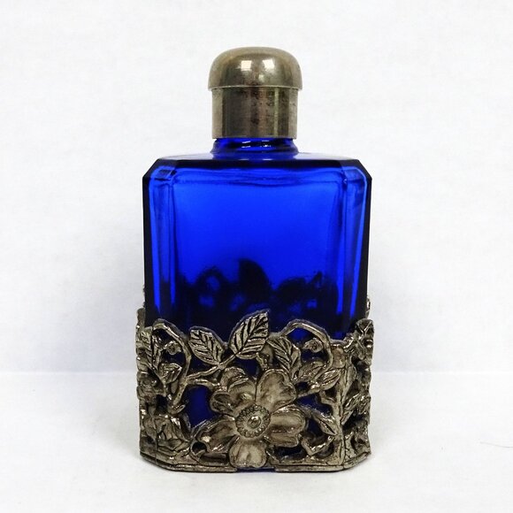 Vintage Cobalt Blue Art Nouveau Perfume Glass Bottle Silver Tone Floral Overlay - Picture 1 of 7